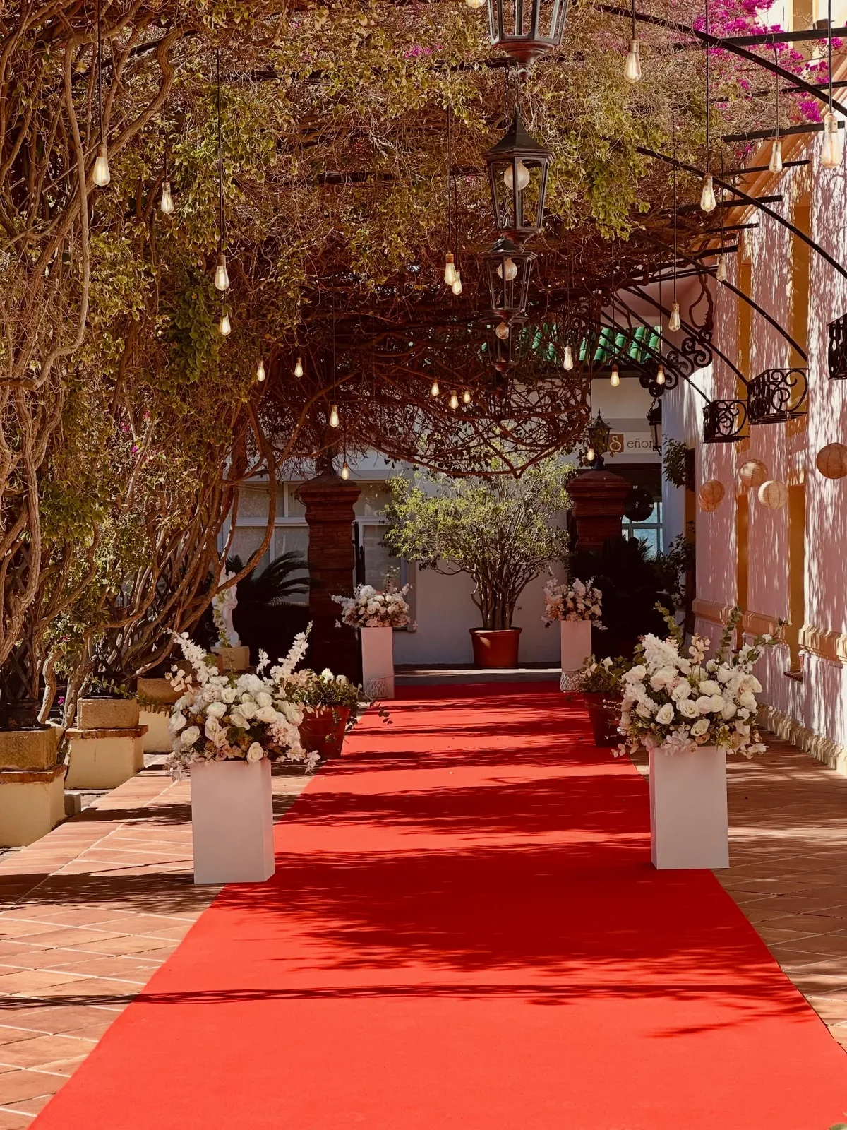 Pasillo de boda exterior con alfombra roja y arreglos florales en Málaga